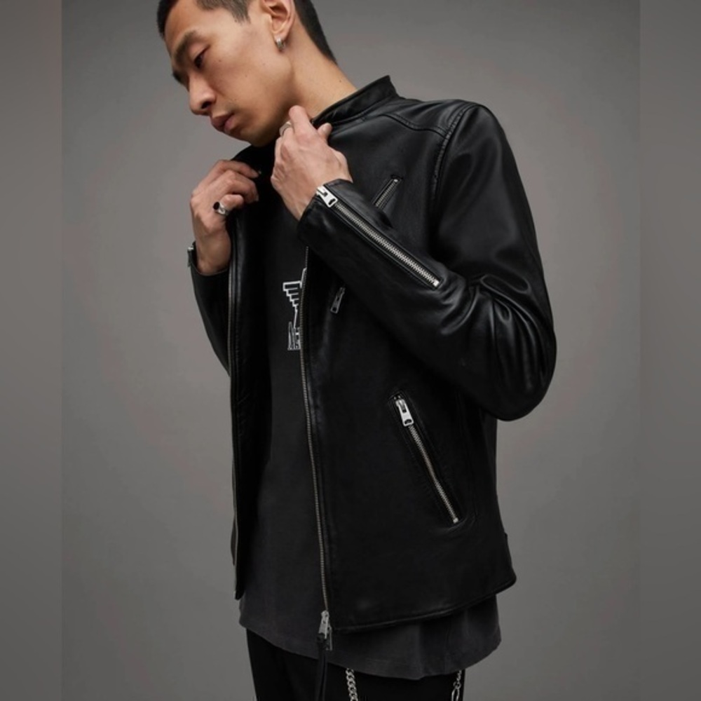 AllSaints Harwood Mens Black Leather Biker Moto Jacket Size Large